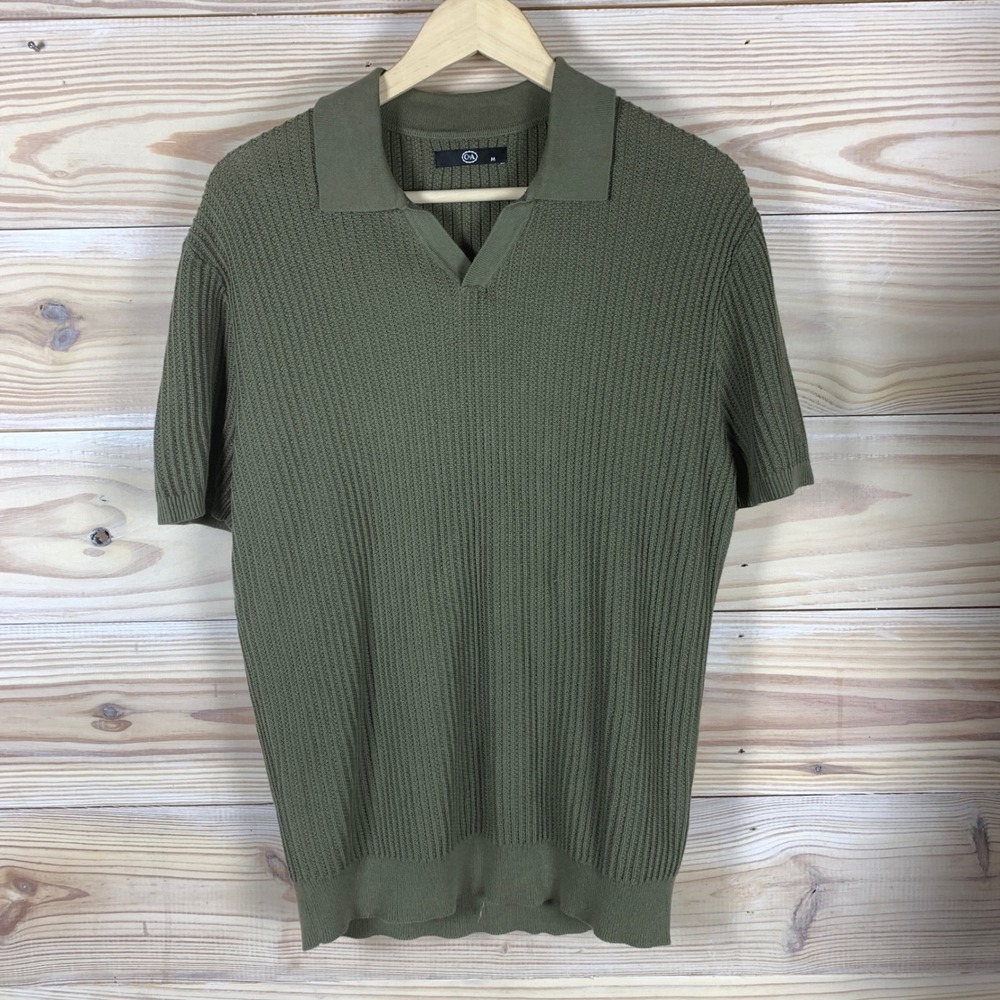 C&A Knit Polo Sweater Shirt Mens Medium Green Ribbed Short Sleeve Cotton Knit